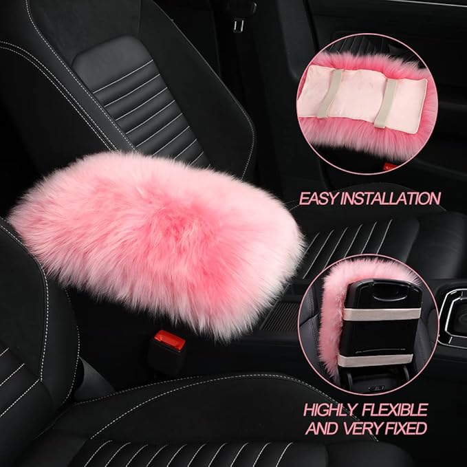 LLB Auto Center Console Cover Pad Universal Fit for SUV/Truck/Car, Genuine Sheepskin Wool Fur Car Armrest Seat Box Cover, Furry Fluffy Auto Armrest Cover Protector (White Gray)