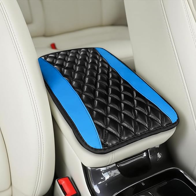 Car Center Console Cover, Comfortable PU Leather Vehicle Armrest Storage Box Cushion Pad, Anti-Scratch Automotive Interior Arm Rest Cover Protector, Universal for Truck SUV Sedan (Blue)