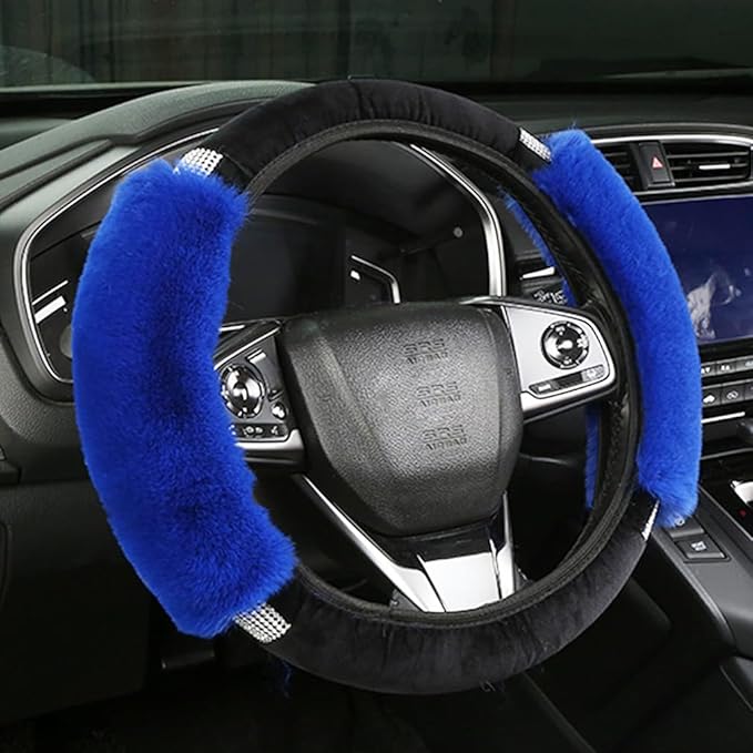Pinbola 4pcs/Set Fluffy Steering Wheel Cover Faux Wool Rhinestone Bling Non-Slip LuxuriouSoft Handbrake Cover & Gear Shift Cover Winter Warm Universal Fit for 15 Inch (Blue)