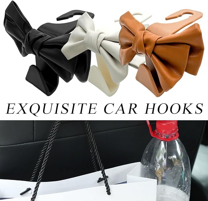 2 PCS Car Seat Headrest Hooks, Cute Bow Shaped Vehicle Backseat Storage Hooks, Leather Bow Shaped Sturdy Car Seat Back Hooks for Purses/Coats/Umbrellas, Car Accessories (White)