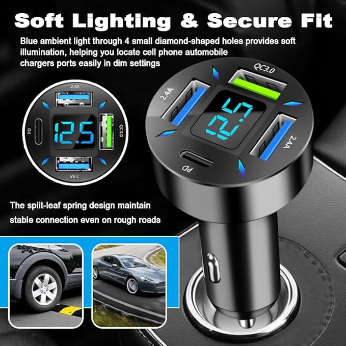 4 in 1 Cigarette Lighter USB Charger with Voltage Display,50W Car Charger USB C Fast Charge for 12-24V Cars,Multi Port Cars Cigarette Lighter Adapter Compatible with iPhone Car Accessories