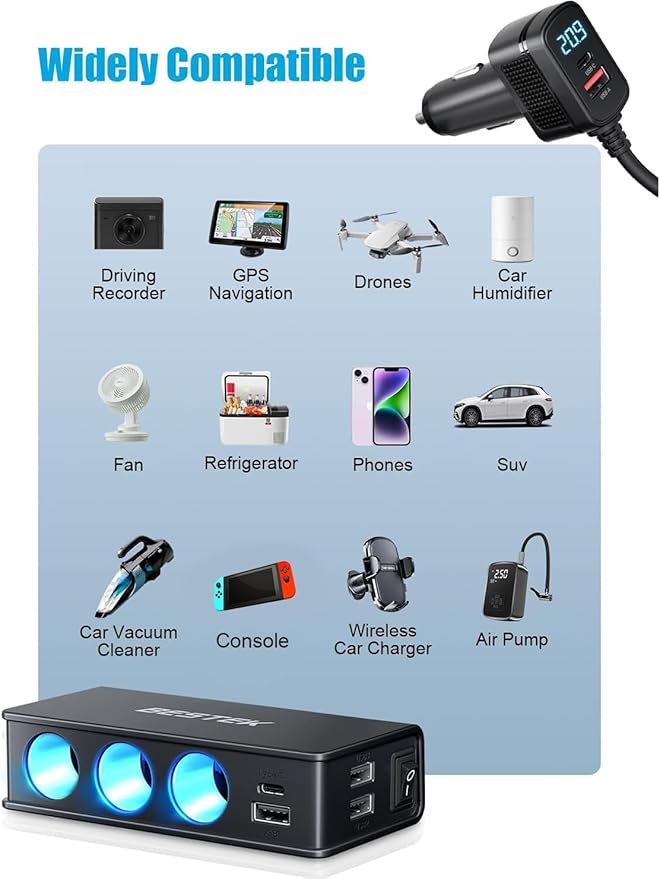 BESTEK 9 in 1 Cigarette Lighter Splitter,148W 3-Socket Multi Port Outlet Car Charger PD30W and 4 USB-A QC3.0 18W with LED Display 12V/24V Vehicle Super Fast Adapter for GPS, Dash Cam, iPhone, Car