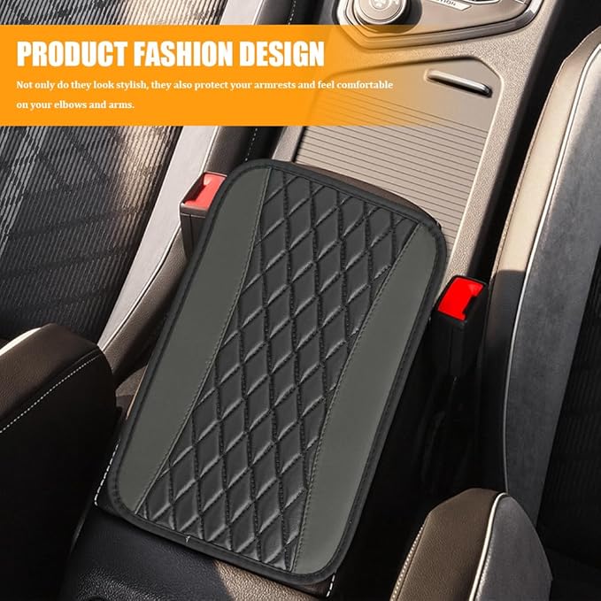 Car Center Console Cover, Leather Waterproof Armrest Seat Box Cushion Pad, Universal Decor Protector Mat, Comfortable Car Decor Accessories Fit for Most Cars, Vehicles, SUVs (Gray)