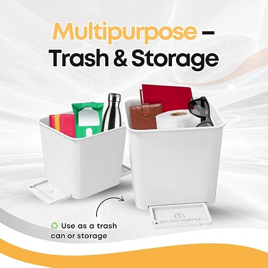 HAUSSIMPLE Car Trash Can 2L with Stability Wings & Velcro for Extra Stability – Magic Strip & Clip for Fabric & Rubber Mats – Durable Plastic, Easy Pull Trash Bags Included – White