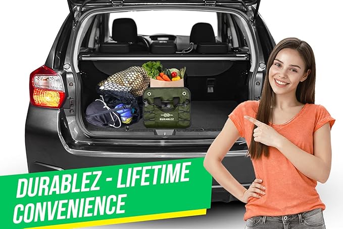 DURABLEZ Heavy Duty 3-Section Trunk Organizer – Extra Large Collapsible & Foldable Cargo Box, Modular Car Storage System for SUV, Truck, Van – Green