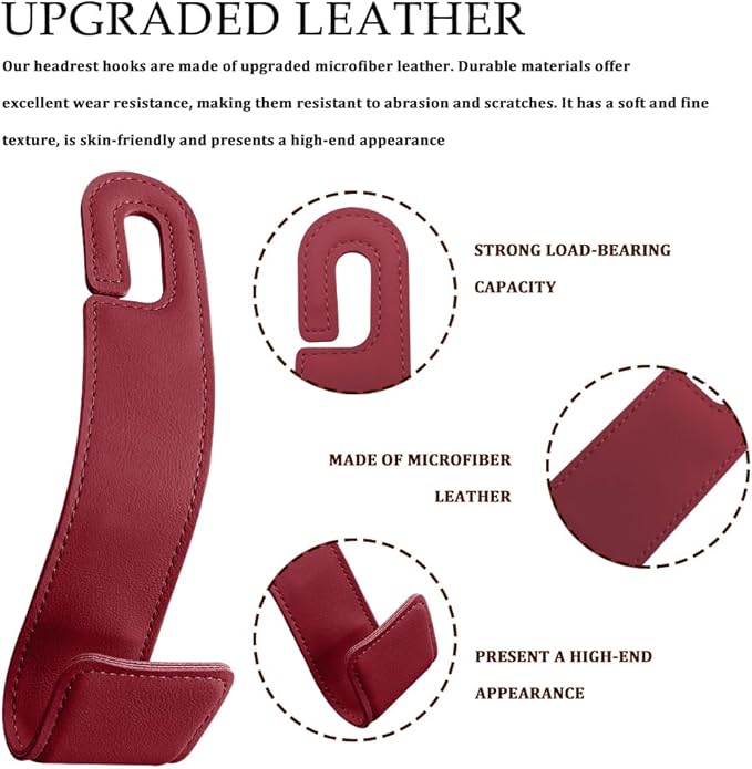 1PCS Purse Holder for Car, Purse Hook for Car, Leather Headrest Hooks for Automotive Back Seat, Auto Accessories Back Seat Organizer Hook for Grocery Bag Handbag Coat (Red, 1PCS)