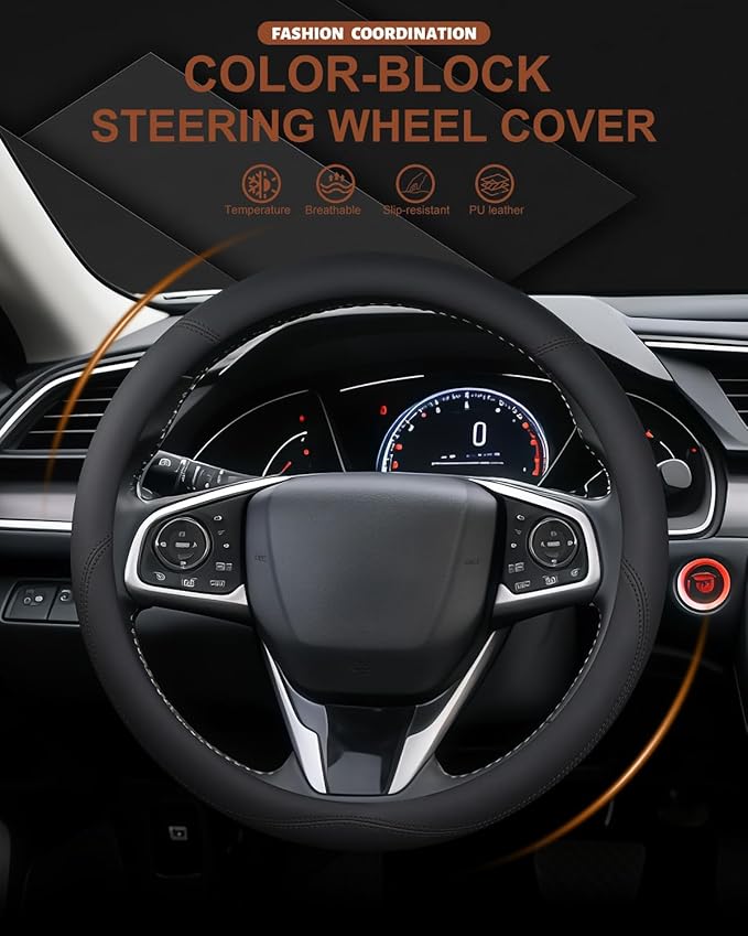 Leather Steering Wheel Cover for Honda Civic, 14.5-15 Inch Breathable Car Steering Wheel Protector, Premium Automotive Interior Accessories Compatible with Honda All Model (Black)