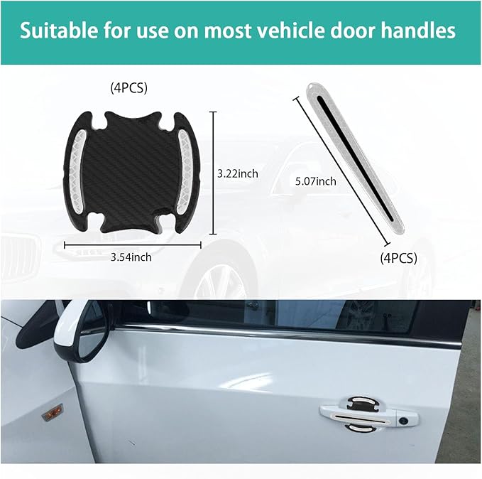 Augeny 8 PCS Car Door Handle Protector Reflective Stickers, Universal 3D Carbon Fiber Auto Paint Guard, Anti-Scratch Bowl Protective Film for Most Cars (White)