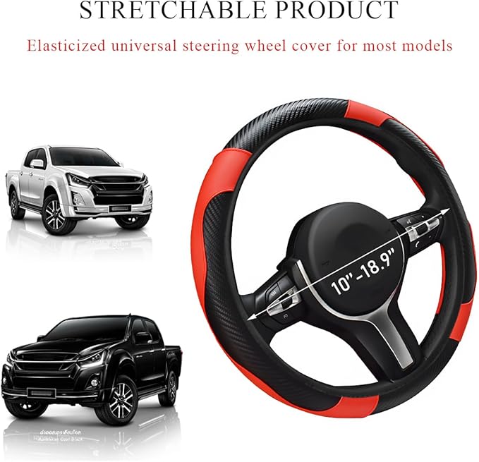 Elastic Car Steering Wheel Cover, Microfiber Leather Carbon Fiber Vehicle Steering Wheel Protector, Steering Wheel Cover with Anti-Slip Lining, Black+Red Interior Accessory