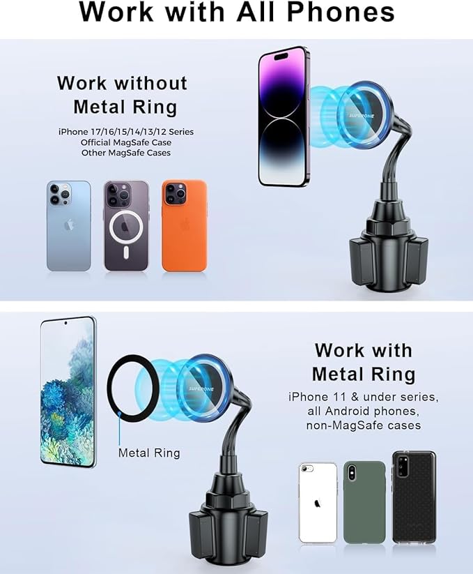 SUPERONE for MagSafe Car Cup Holder Phone Mount, [20 Strongest Magnets] Adjustable Gooseneck Cup Phone Holder for Car Compatible with iPhone 17 16 15 14 13 12 Series MagSafe Case & All Phone
