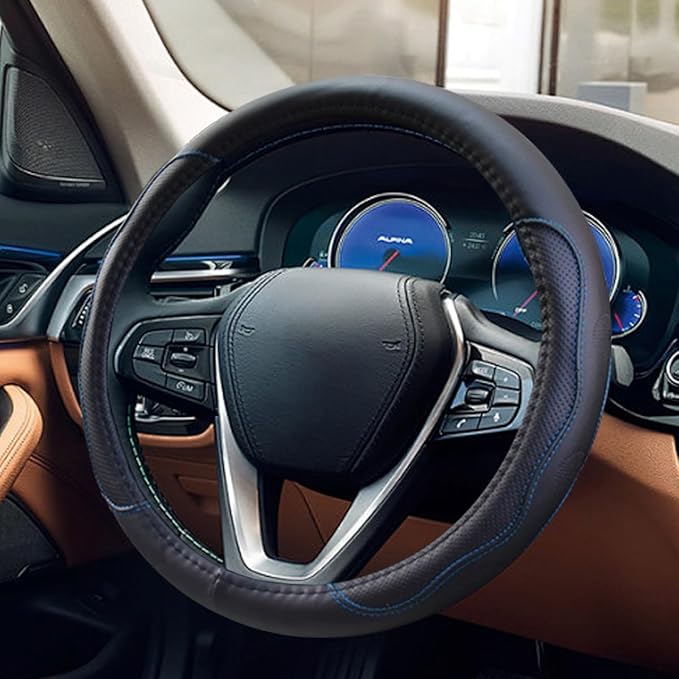 Car Steering Wheel Cover, 15 Inch Leather Anti-Slip Breathable Automotive Steering Wheel Protector, Universal Heat Resistant Vehicle Interior Accessories Cars, SUVs, Trucks(BlackBlue)