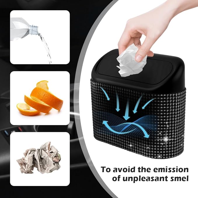 Car Trash Can with Lid & Rhinestones Design,Push-on Car Trash Bin for Storing Trashes Items & Cars Decor Includes 30PCS Trashes Bag,Shiny Cars Garbage Can with Back Clip for Side Door (Black Diamond)