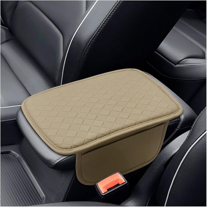 Leather Car Center Console Cover, Anti-Scratch Auto Middle Console Protective Cushion with 2 Storage Bags, Universal Waterproof Vehicle Armrest Pad Accessory for Sedan, SUV, Truck (Beige)