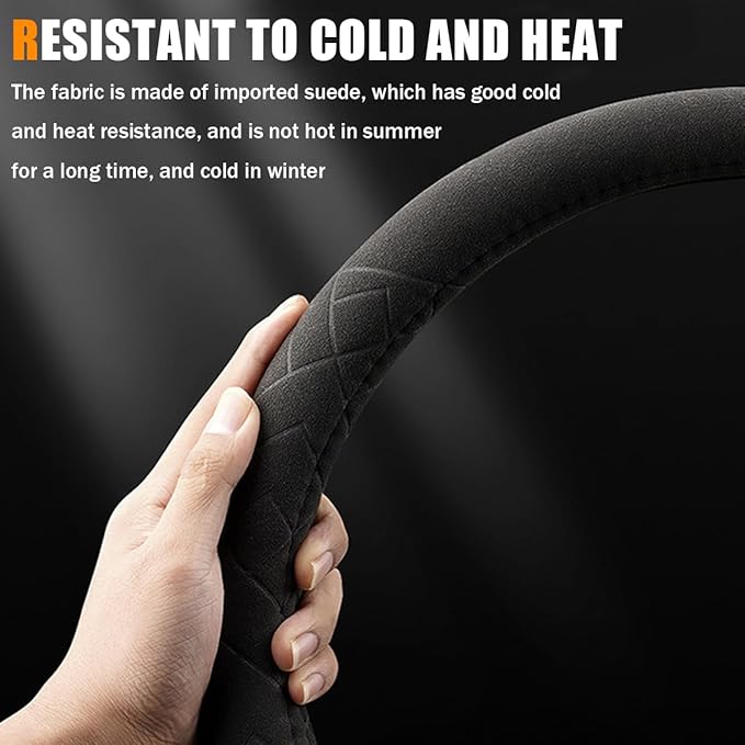 Car Suede Steering Wheel Cover, Non-Slip Protector for Auto Steering Wheel with Grid of The Correction Marker, Breathable Universal Automotive Accessories, Fitting 14.5-15 inch