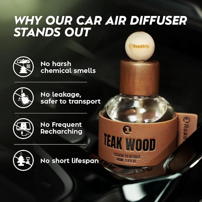 1Roadtrip Car Air Freshener - Long Lasting Essential Oil Diffuser - Aromatherapy Accessories for Men & Women - Non-Toxic Odor Eliminator - Teakwood Car Scent Diffuser 3.38 FL OZ/100ML