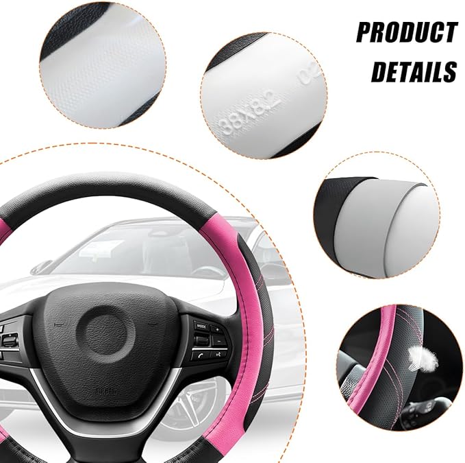 Car Steering Wheel Cover, 15 Inch Carbon Fiber Leather Non-Slip Steering Wheel Protector with Lining, Breathable Automotive Interior Accessories, Universal for SUV RV Truck (Pink)