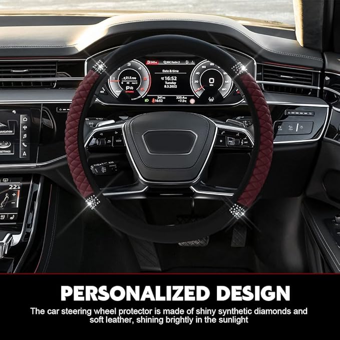 Car Steering Wheel Cover, Steering Wheel Accessories, Breathable Microfiber Leather Auto Wheels Protector, Universal 15 Inch Anti-Slip Protector for SUV Sedan Truck (Bling-Wine Red)