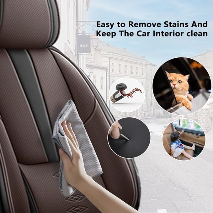 Premium Universal Car Seat Cover, Comfortable Leather Seat Cover for 96% of Models, Waterproof Car Seats Protectors Cushions for 5 Seats(Black+Coffee)