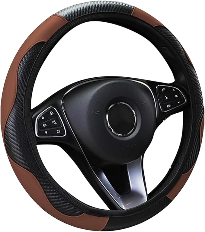 Car Steering Wheel Cover, 15 inch Carbon Fiber Microfiber PU Leather Elastic Steering Wheel Protector for Men Women, Anti-Slip Breathable Car Interior Accessories for Most Cars (Brown)