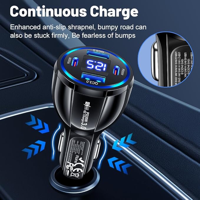 USB C Car Phone Charger Adapter with Voltmeter Compatible with iPhone 16 15 14 13 12 11, Android, Samsung, 100W 4 in 1 Multi-Port Fast Charging Cigarette Lighter USB Charger (Black)