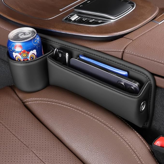 Car Seat Gap Filler Organizer with Cup Holders, Seat Gap Storage Box for Drinks, Phones, Keys, Sunglasses, Cards, and Small Essentials (Black, Driver's Seat)