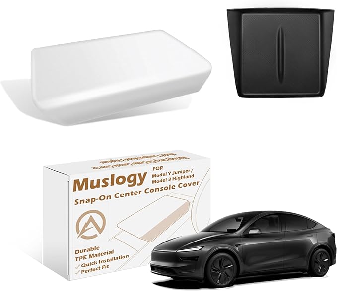 Muslogy Compatible with 2026+ Model Y Juniper Refresh Accessories Armrest Cover Protection TPE (White) & Silicone Mat OEM Style 2PCS Set Non-Slip Waterproof Designed with EZ Snap On