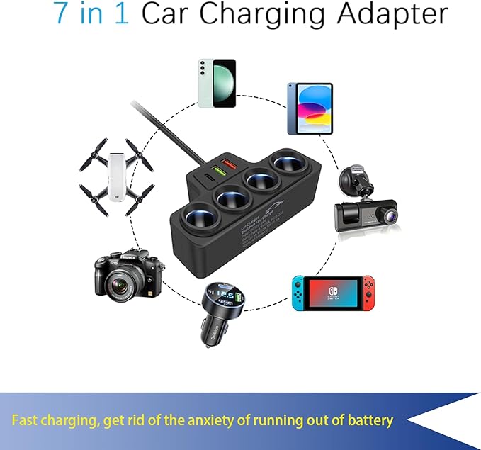 Multi-Function Cigarette Lighter Splitter, Cell Phone Car Charger, 4 Cigarette Lighter Sockets, 1 PD Fast Charger Port 2-Port USB Power Adapter for Cell Phones Adapter