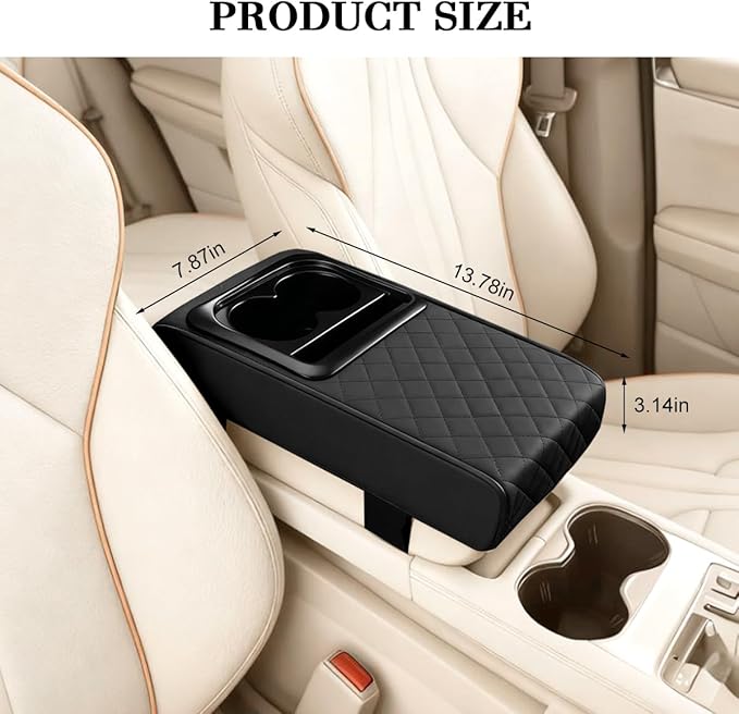 Car Center Console Armrest Pillow, Leather Vehicle Middle Console Protection Cushion with Cup & Phone Holder, Waterproof Automotive Arm Rest Box Cover, Universal Fit (Black Rhombus)