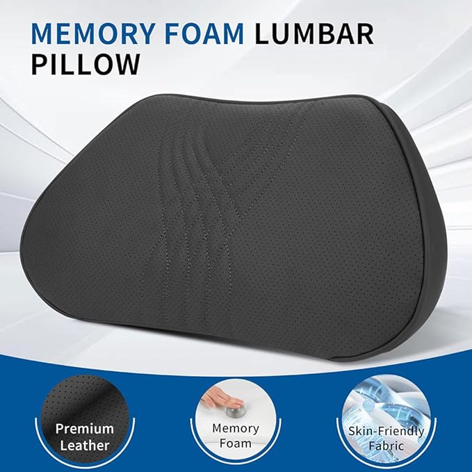 Dapucarin Lumbar Support Pillow for Car Seat, Office Chair Nappa Leather Memory Foam Lower Back Cushion for Back Pain Relief Improve Posture, Ergonomic Back Rest for Gaming Chair, Black, 1PC