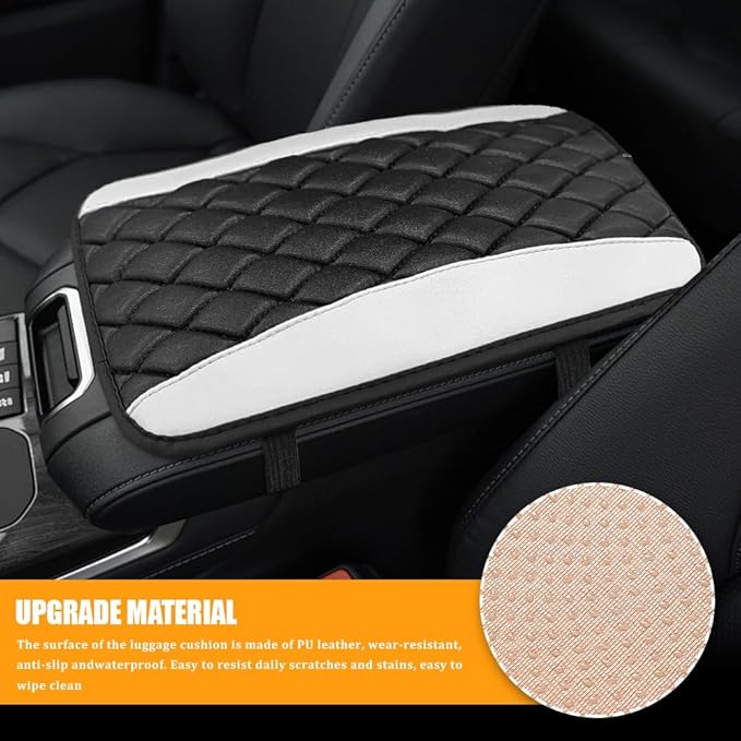 Car Center Console Cover, Leather Waterproof Armrest Seat Box Cushion Pad, Universal Decor Protector Mat, Comfortable Car Decor Accessories Fit for Most Cars, Vehicles, SUVs (White)