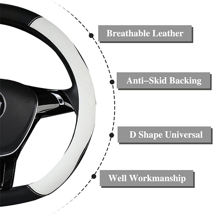 D Shape Steering Wheel Cover,Microfiber Leather D Type Steering Wheel Cover Breathable Anti-Slip Flat Bottom Shaped Steering Accessories for Women Men 15inch (White)