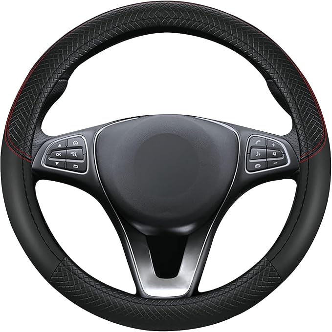 Black Car Steering Wheel Cover, Microfiber, Leather Patchwork, Universal 14.5-15 Inch Leather Anti-Slip Breathable Auto Steering Wheel Covers for Men Women