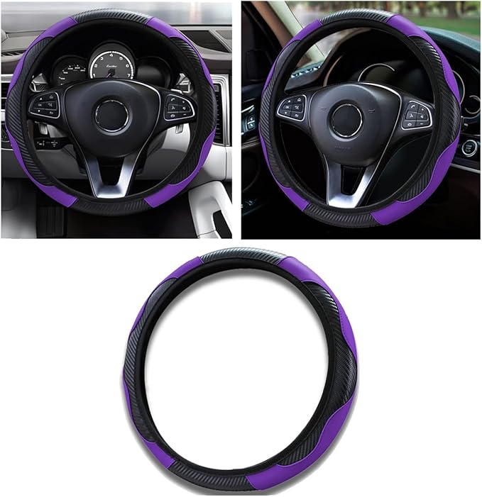 Car Steering Wheel Cover, 15 inch Carbon Fiber Microfiber PU Leather Elastic Steering Wheel Protector for Unisex, Anti-Slip Breathable Car Interior Accessories for Most Cars (Purple)