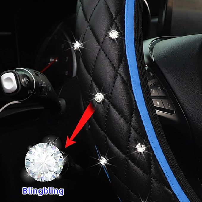 Bling Car Steering Wheel Cover, Rhinestones Elastic Leather Automotive Steering Wheel Protector, 15 Inch Sparkly Crystal Vehicle Interior Decor Accessories, Universal Fit (Blue)