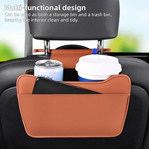 Car Leather Trash Can for Headrest, Hanging Garbage Bin, Waterproof Foldable Stroage Organizer for Car, Multipurpose Interior Accessories for SUV Truck RV Camping (White Seat headrest)