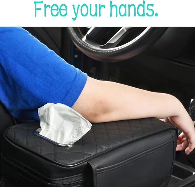 Rneswi Car Armrest Cover Leather Car Console Covers Box Pad with Pocket and Tissue Box Arm Rest Cover for Car for SUV Truck Sedan Vehicle (Beige)