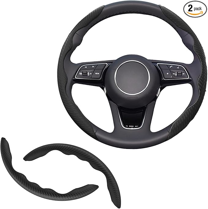 2pcs Universal Fit Carbon Fiber Steering Wheel Cover, Anti-Skid Steering Wheel Cover/Segmented Steering Wheel Protector/Car Interior Accessories (Black)