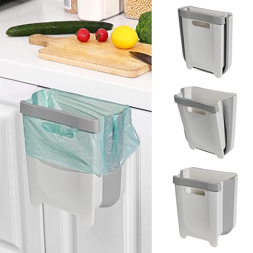 Hanging Collapsible Trash Can - 9L Wall Mounted Foldable Waste Bin for Kitchen Cabinet Door - Quickly Clean Counter, Sink, Bathroom - RV, Car, Camping Folding Garbage Basket (White)