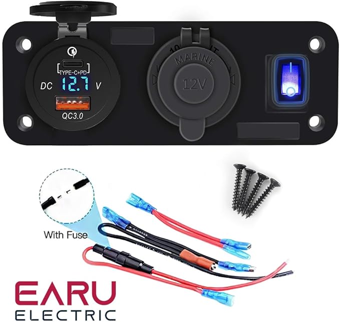 QC3.0 PD Dual USB Fast Charger Socket Multi Port Panel Cigarette Lighter Splitter with Voltmeter Switch for Car Motorcycle Boat(Green Light)