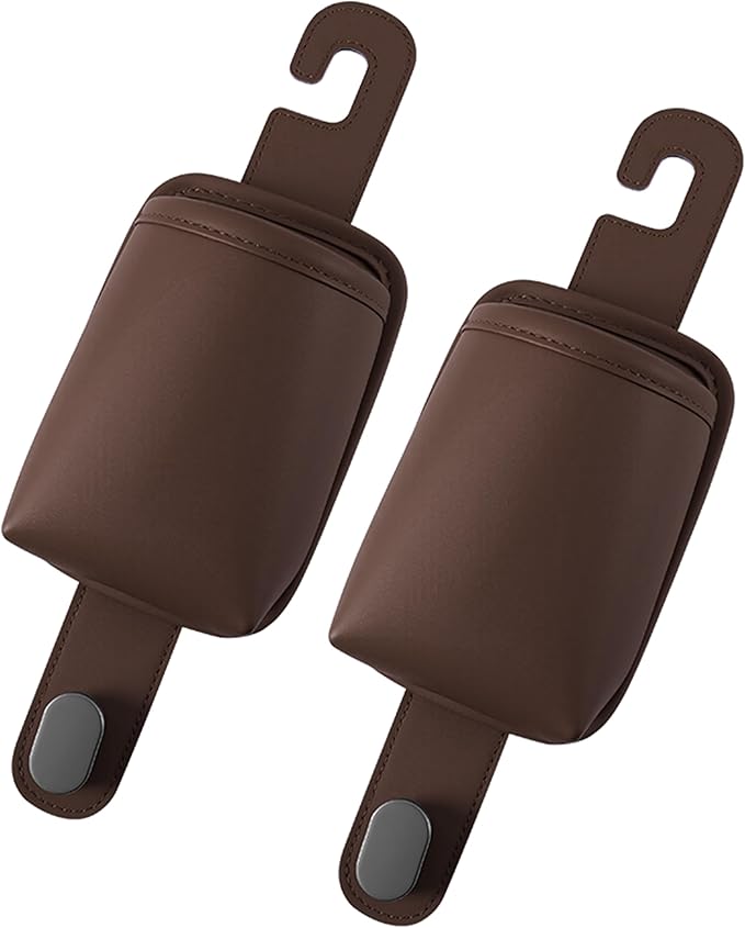 2-Pack Car Seat Back Cup Holder Organizer, Faux Leather Car Cup Holders with Hooks, Universal Backseat Storage for Drinks, Bottles & Travel Accessories (Brown)