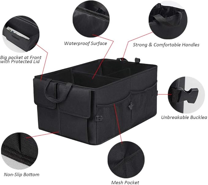 JiatuA Car Trunk Backseat Organizer for SUV, 8 Pocket Waterproof, Dust-proof, Sturdy Foldable Cargo Net Storage for More Trunk Space with Adjustable Straps, Black
