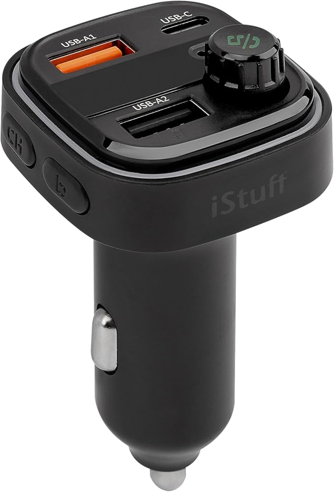 iStuff Wireless Music Stream Car Charger (NP-5000BTR), Multi-Connect Ports, USB A, USB C, U Disk, Fast Charging, Hands-Free Calling, LED Display, Bass Options, Colorful Lights, Universal Fit OEM 12V