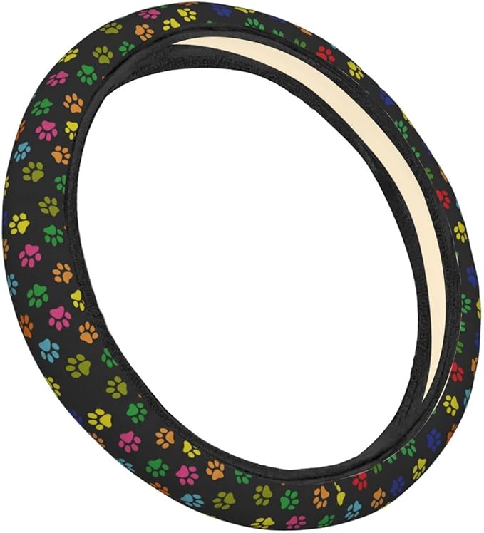 FeHuew Dog Paws Colorful Print Steering Wheel Cover for Women, Girls 15 inch Universal Auto Car Anti Slip Wrap Steering Wheel Covers Fit for Vehicles, Truck, SUV