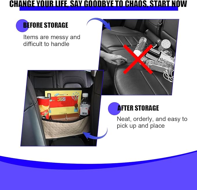 Car Handbag Holder Between Seats, Leather Large Capacity Front Seats Organizer Pocket, Automotive Purse Holder Storage Bag with Buckle Straps, Universal for SUV RV Truck (Khaki)