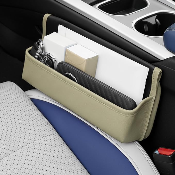 Car Seat Gap Filler Organizer, Leather Universal Gap Bag Car Storage Box for Phones, Keys, Glasses & Cards, Adjustable Front Seat Side Pocket Organizer for Cars, No Seat Belt Block (Gray)