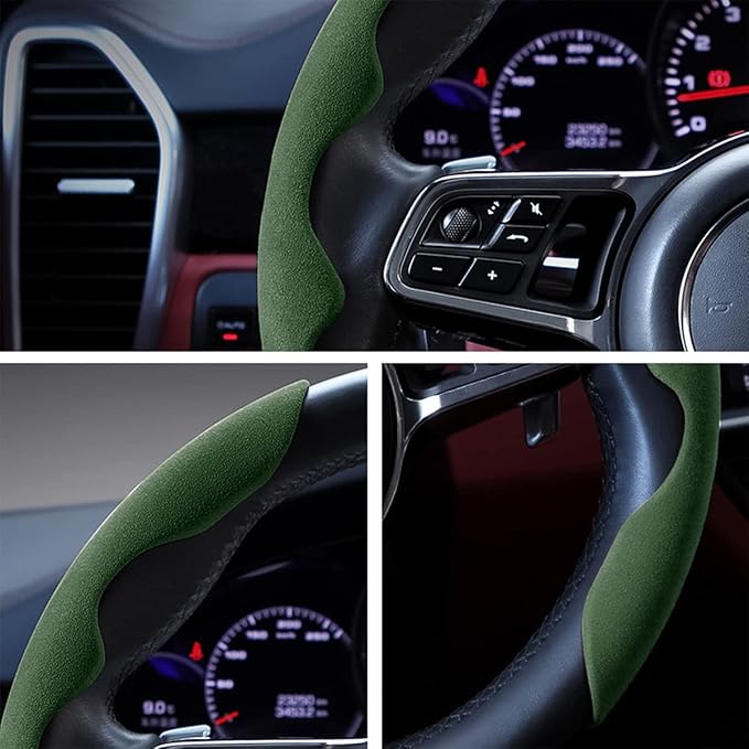 Car Steering Wheel Cover, Microfiber Suede Leather and Carbon Fiber Double Sided Design, Warm in Winter and Cool in Summer, Breathable Non Slip Segmented Protector for Most Cars (Turn Fur/Green)