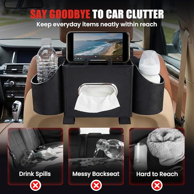 4-In-1 Car Organizer Back Seat, 2026 New Multifunctional Organizer, Portable Car Cup Holder for Road Trips, Durable Car Trash Bin for Families, Universal Car Seat Organizer (Orange)