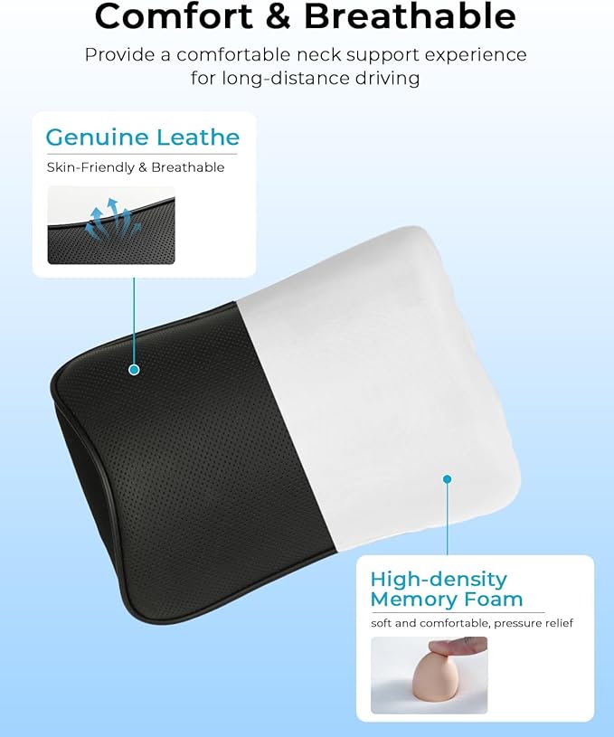Aukee Car Headrest Pillow with Genuine Leather Cover Memory Foam Neck Cushion for Driving Home Office Black (Pack of 2)