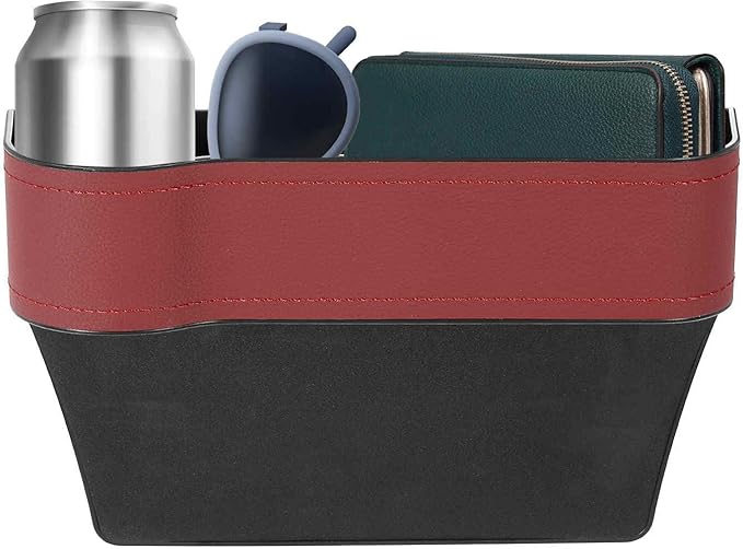HARFINGTON Car Seat Gap Filler Organizer 10.2 x 6.5 x 3.1 Inch ABS+Leather Universal Car Organizer Storage Box Between Seat and Console (Left) with Cup Holders for Phone Sunglasses Keys, Red