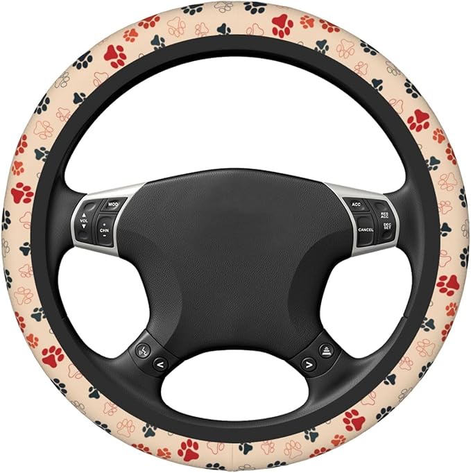Paw Print Neoprene Steering Wheel Cover Anti-Slip Elastic Dog Cat Paw Steering Wheel Protective Cover 15in Universal Car Accessories Fit Cars, SUVs, Auto